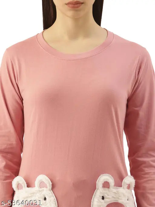 Ladies' pink long sleeve nightwear with cute bunny ears and zip closure