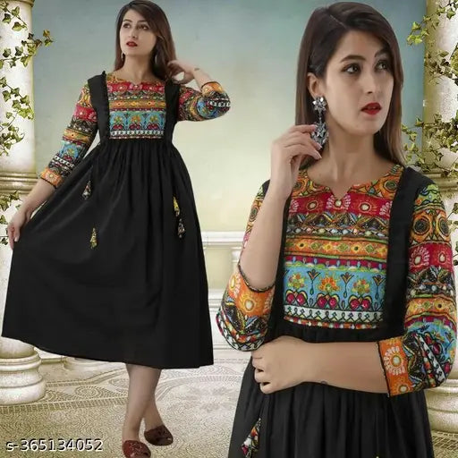 Rayon A Line Printed Anarkali Kurti, three-quarter sleeves, trendy Indian women's fashion