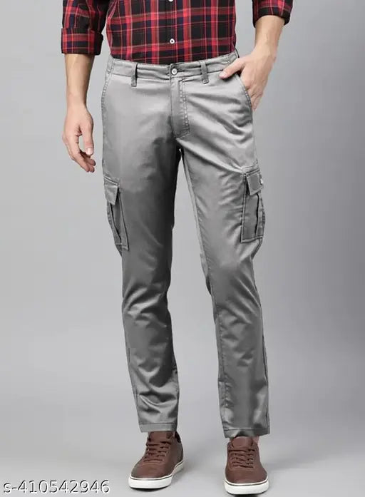 Light grey stretchable cotton blend cargo pants by Daniel Gallego for men, solid style, size 32 (waist 32in, length 40in), made in India