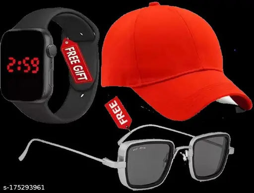 Red cotton baseball cap, black square digital watch, and Kabeer Singh style sunglasses - Diwali pack for men and boys (3-piece set)