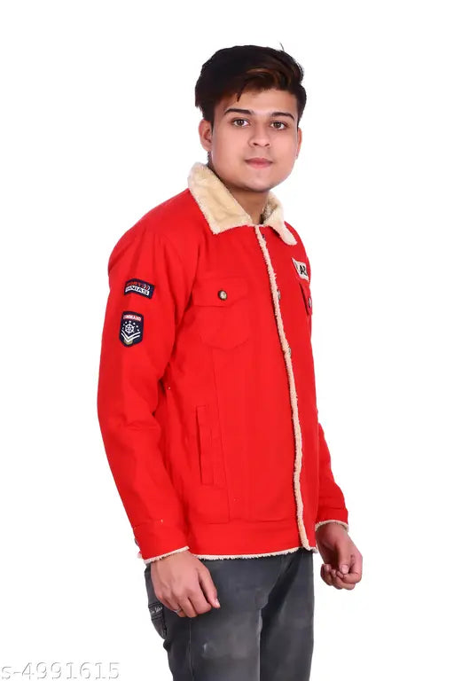 Red jacket with a large patch on the right shoulder