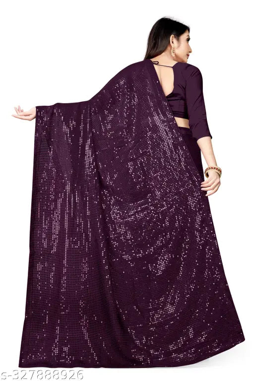 Purple georgette saree with attached blouse, flared skirt, and sheer net dupatta