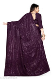 Purple georgette saree with attached blouse, flared skirt, and sheer net dupatta