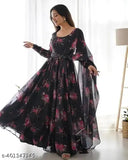 Black embroidered floral maxi dress with cap sleeves and long train