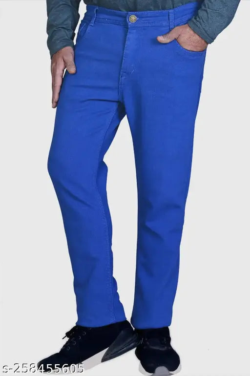 Mens black denim jeans, solid style with royal blue pocket lining and offered in various sizes from 28 to 40
