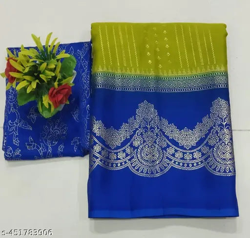 Golden chiffon saree with zari woven pattern and running blouse, single free size, Indian handloom fashion