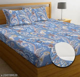 New blue TARAIN Collection premium cotton-blend elastic king size fitted bedsheets with 2 pillow covers, floral pattern, ideal for adults and summers, machine washable, made in India (72x78+10 inches)