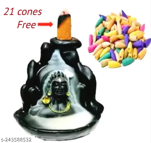 A decorative backflow incense holder for Lord Adiyogi, featuring a figure of Shiv Adi Shankara and containing 21 free cones. Material: ceramic
