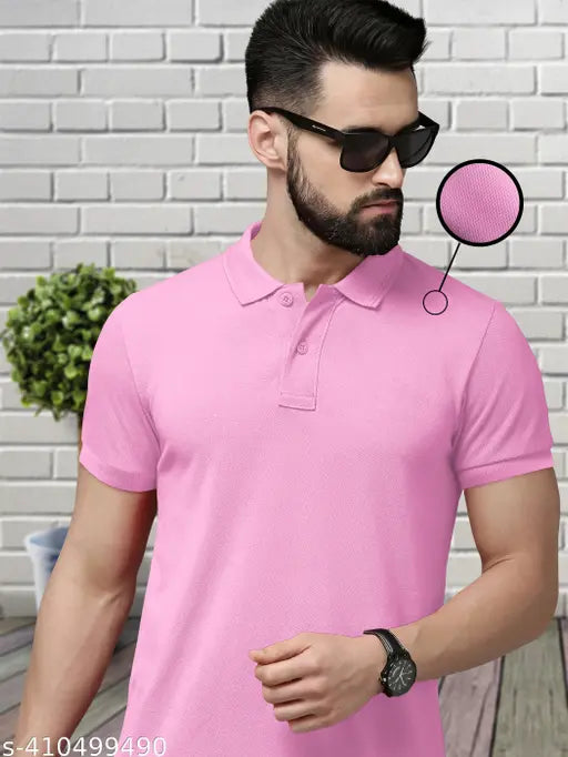 Stylish pink polo dot knit collar cotton blend t-shirt for men and women, solid net pattern on short sleeves neckwear from Artful Charms