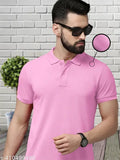 Stylish pink polo dot knit collar cotton blend t-shirt for men and women, solid net pattern on short sleeves neckwear from Artful Charms