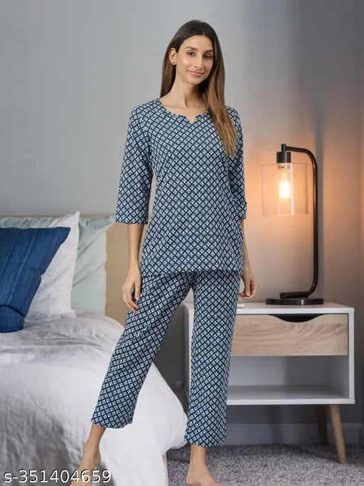 Blue cotton printed night suits set for women, long-sleeved pyjamas in Indian cotton cambric fabric