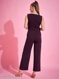 Polycotton V-neck full length jumpsuit with belt, sleeveless, solid pattern, ideal for women's fashion