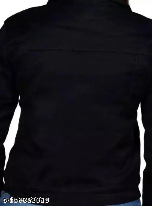 Black denim jacket with collar and long sleeves