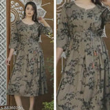 Brown floral patterned long kurta with short sleeves