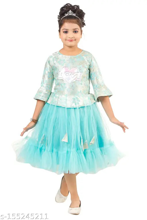 Blue ruffled kid's dress with lace trim, short sleeves