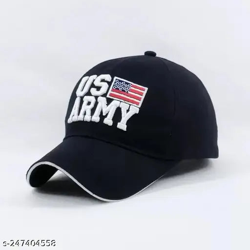 Black cotton baseball cap featuring the US Army printed design, casual and sporty accessory for beach wear or parties. Made in India