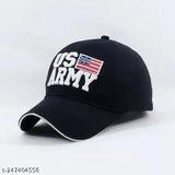 Black cotton baseball cap featuring the US Army printed design, casual and sporty accessory for beach wear or parties. Made in India