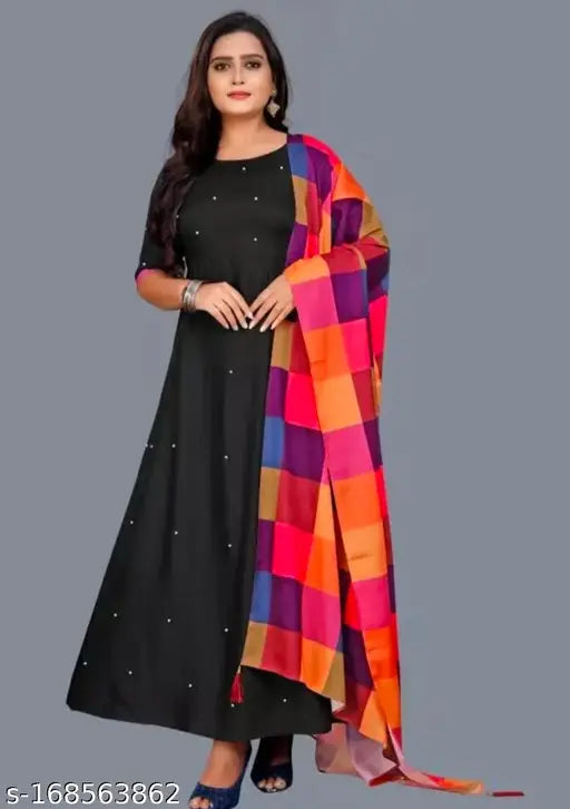 Black rayon Anarkali dress with bamboo inner, art silk dupatta, size S-XXXL. Indian ethnic wear on mannequin