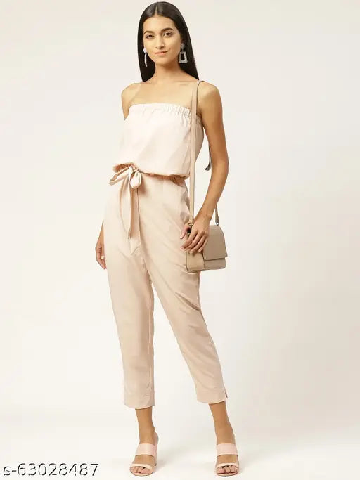 Peach polyester solid western wear jumpsuit with fabric belt for women, off-shoulder neck, ankle length (50 inches), casual, festive & party wear, made in India