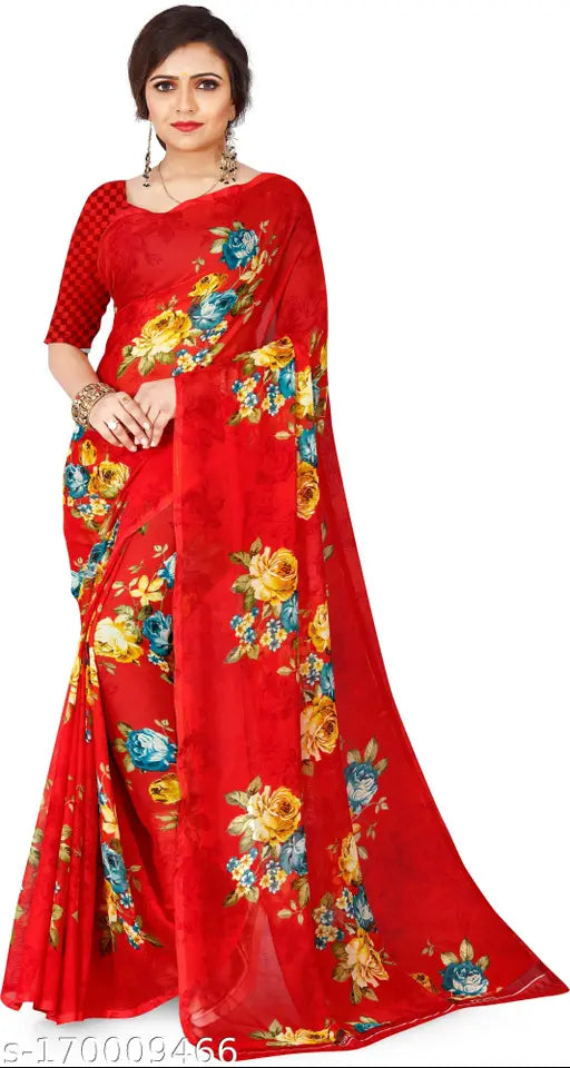Red and gold floral georgette saree with matching blouse piece