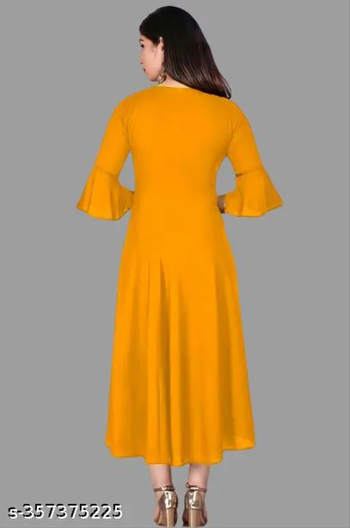 Mustard yellow women's solid flared kurti 100% cotton, long sleeves, knee-length
