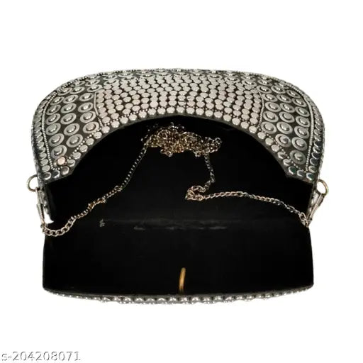 Design Craft India metal clutch, black fabric with silver chain