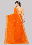 Orange georgette wedding saree with mirror work, long pallu, and embroidered border