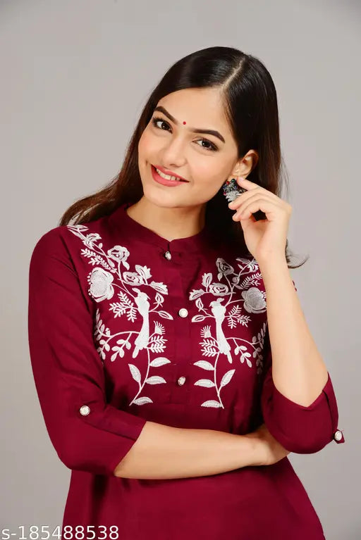Rayon embroidered Kurti with three-quarter sleeves, single size options available