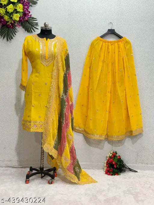 Designer, faux georgette top with shararas and dupatta, yellow and gold, 100% polyester