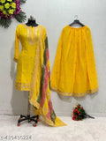 Designer, faux georgette top with shararas and dupatta, yellow and gold, 100% polyester