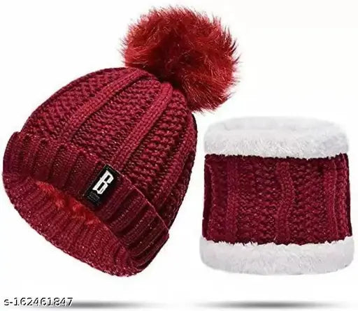 Maroon acrylic cap with fur lining, maroon neck scarf with fur trim
