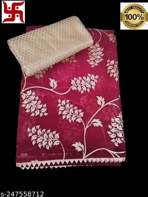 Red embroidered sari with gold blouse, silk fabric
