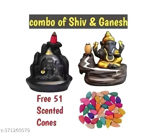 Resin Adi Shankara Adiyogi Shiva Mahadev & lord Ganesha backflow incense holder combo with 51 scented cones, Indian handcrafted home decor