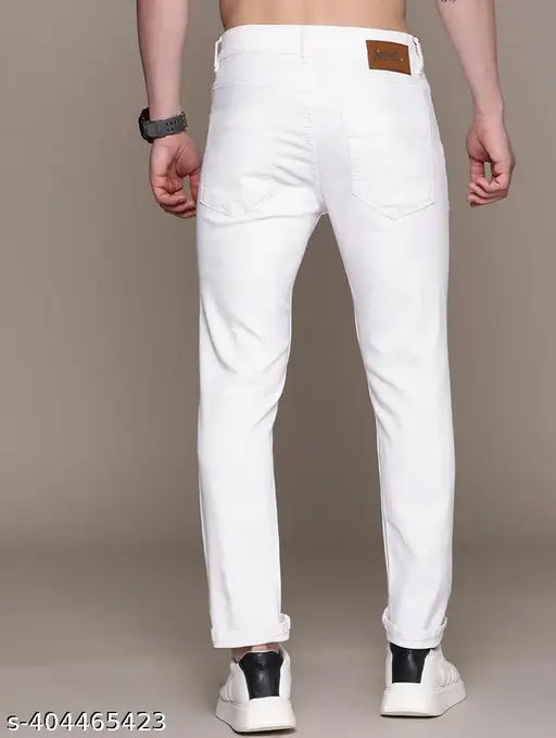 Men's slim fit white cotton blend jeans #SlimFitJeans #WhiteJeans #MenFashion, versatile for everyday wear and summer fashion. Sizes available: 28 (waist 28, length 39, hip 34), 30 (waist 30, length 39, hip 36), 32 (waist 32, length 39, hip 38), 34 (waist 34, length 39, hip 40), 36 (waist 36, length 39, hip 44). Made in India