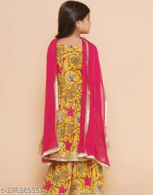 Kids rayon kurta sharara set with chiffon dupatta, printed design on sleeveless top and bottomwear, single size available (5-6yrs, 7-8yrs), Indian origin