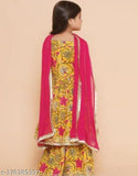 Kids rayon kurta sharara set with chiffon dupatta, printed design on sleeveless top and bottomwear, single size available (5-6yrs, 7-8yrs), Indian origin