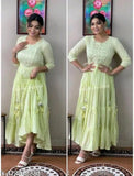 Light green LUREX embroidery flared gown for women, rayon fabric with three-quarter sleeves, embellished party wear on mannequin