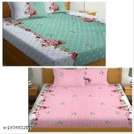 White glace cotton, floral-patterned fitted bedsheets with 4 pillow covers, lightweight for summer, easy to wash at home