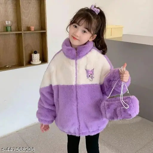 Purple fur sweatshirt with cat patch, hoodie for kids