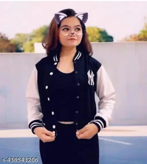 Black fleece varsity bomber jacket with NY patch, solid design, long sleeves, for women and girls (India)