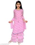 Pink Georgette frock dress for girls, embroidered net design, three-quarter sleeves, size 3-4 years (bust 22in, length 30in)
