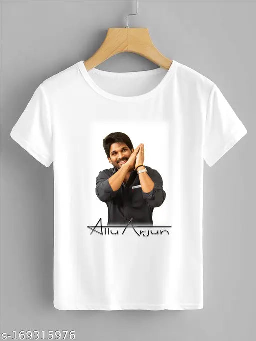 Indian-made Allu Arjun Pushpa T-shirt in polyester, featuring stylish printed design. Short sleeves available in sizes M, L, XL, XXL