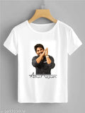 Indian-made Allu Arjun Pushpa T-shirt in polyester, featuring stylish printed design. Short sleeves available in sizes M, L, XL, XXL