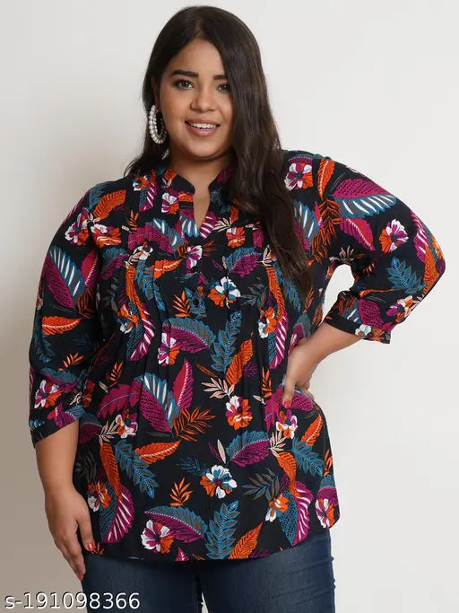 Black & purple leaf print longline top, viscose rayon, plus size, mandarin collar, India-origin