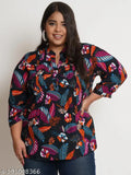 Black & purple leaf print longline top, viscose rayon, plus size, mandarin collar, India-origin