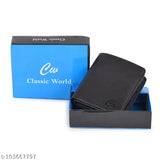 Black PU leather men's two-fold pocket wallet, ample card slots & currency compartments. Classic world casual design, perfect for daily essentials. Made in India