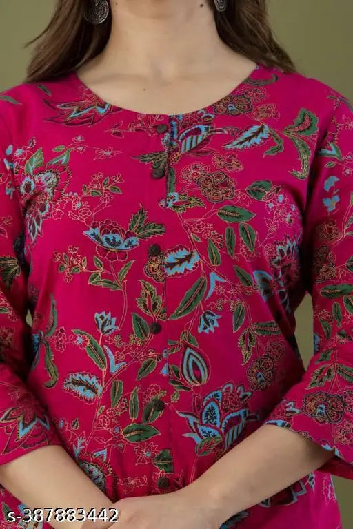 New pink rayon kurta and Palazzo set, printed net pattern on display