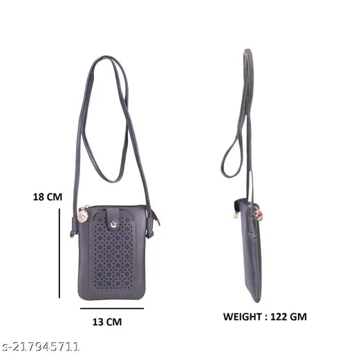 Black fabric pouch with multiple slots for holding a wallet, keys, and smartphone