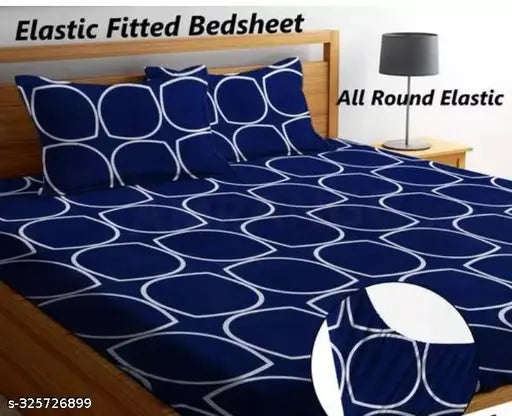 Navy Blue Superfine Geometric Fitted Cotton Bedsheets Set by CAMFOT HOME for Double King Size Bed, 2 Pillow Covers Included