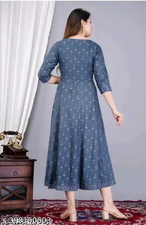 Rayon Anarkali printed kurta, three-quarter sleeves, vibrant Indian traditional design. S (36in), M (38in), L (40in), XL (42in), XXL (44in), XXXL (46in)
